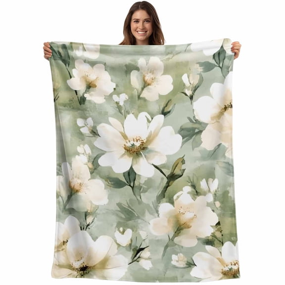 Flannel Fleece Throw Blanket Spring Watercolor Flower Sage Green Lightweight Soft Plush Blankets,Watercolor Oil Painting Style Cozy Warm Throw Blanket for Couch Sofa Bed Car Office 40x50in