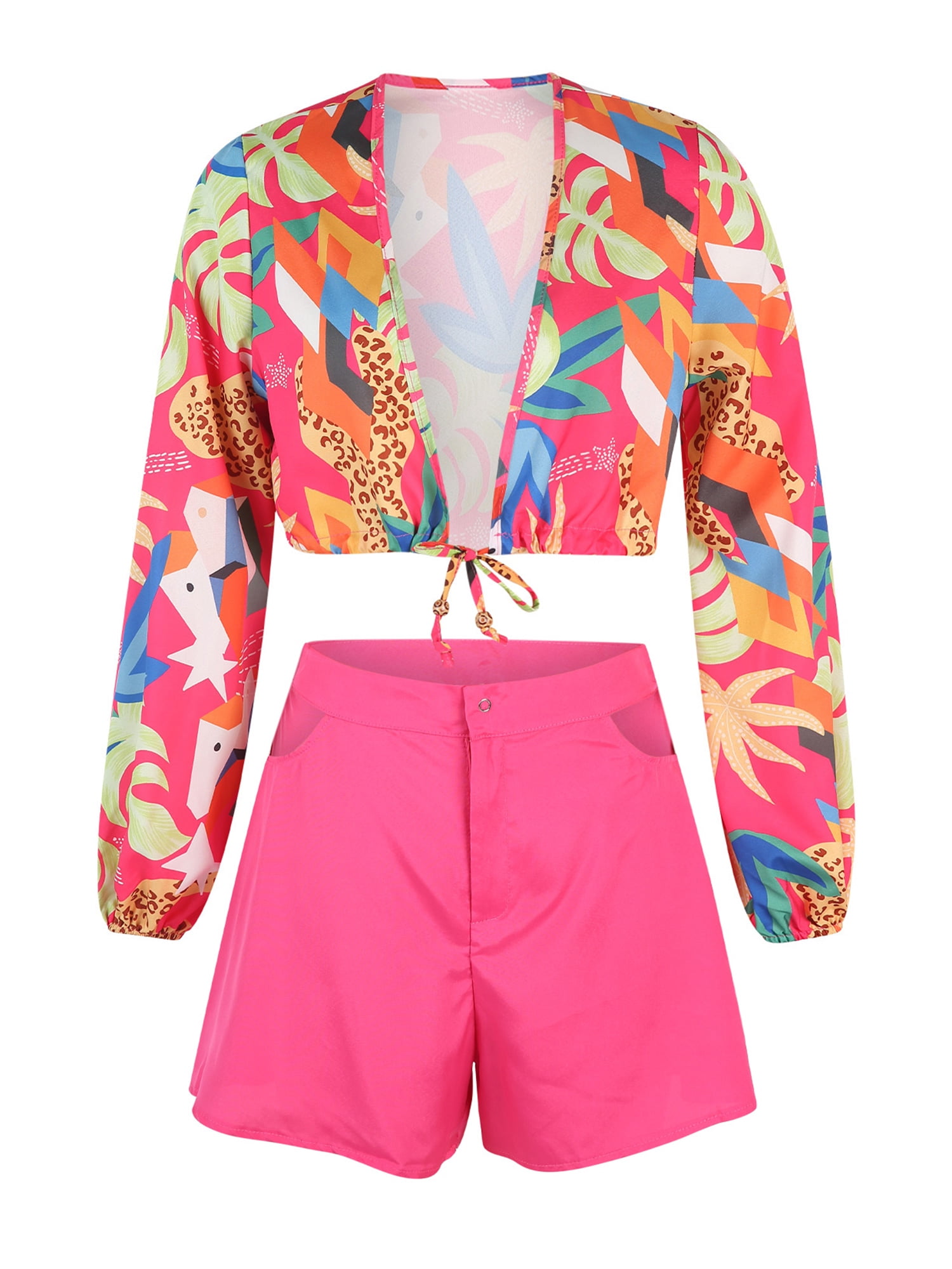 Blouse Crop Tops+Hollow Flare Shorts 