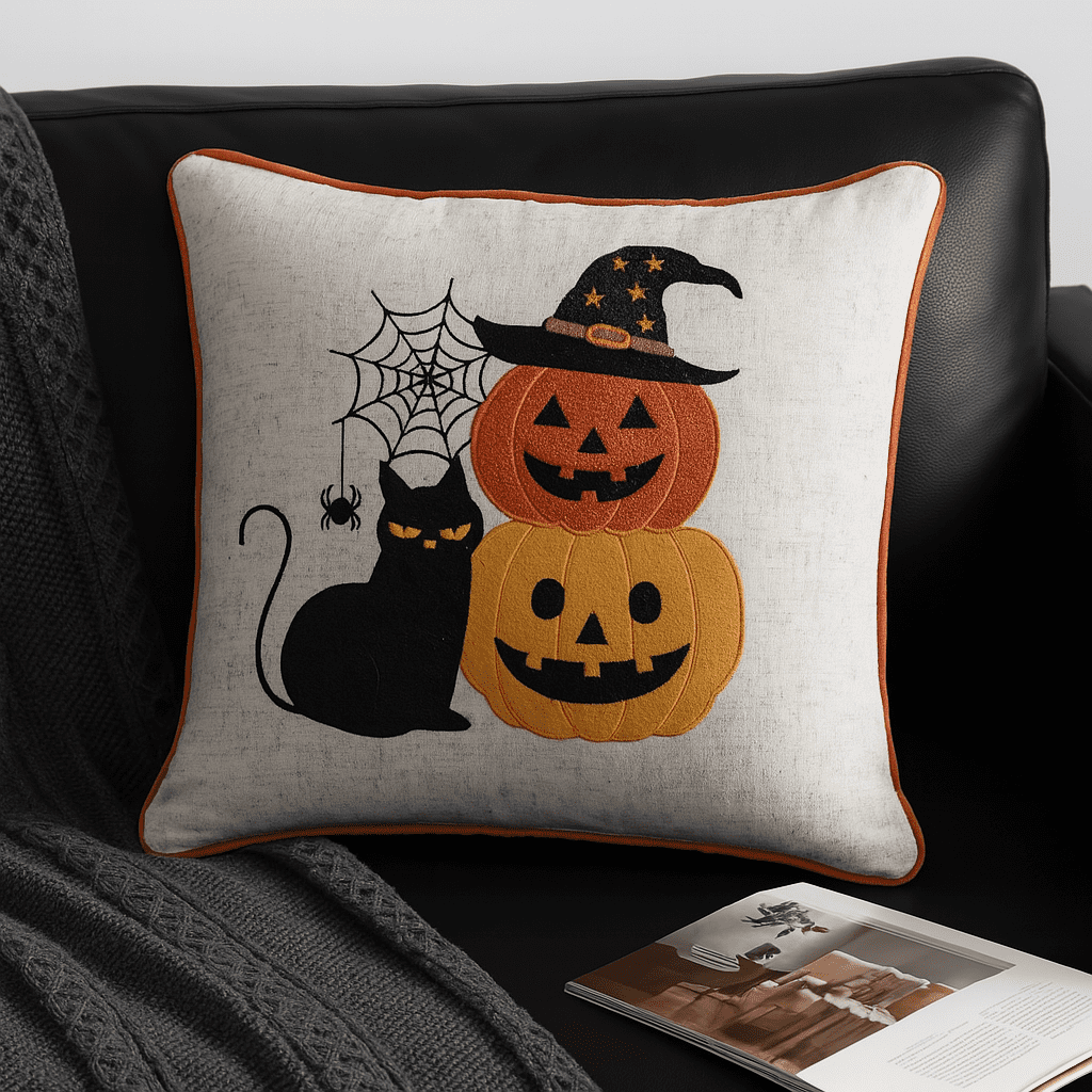 Halloween Embroidered Black Cat Throw Pillow 20x20 Inch Linen-Look Fabric for Sofa Bed Seasonal Decor