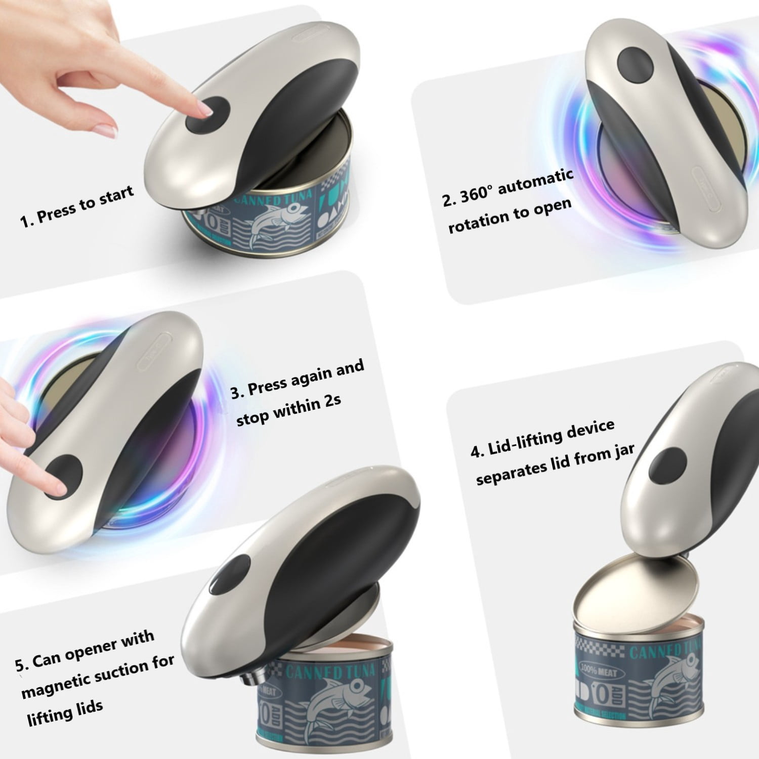 Behome Rechargeable Electric Can Opener, One Touch Automatic Can Opener for Kitchen and Seniors with Arthritis, Smooth Edge & Handsfree, Ultra-Compact Opener Fits All Can Sizes, White