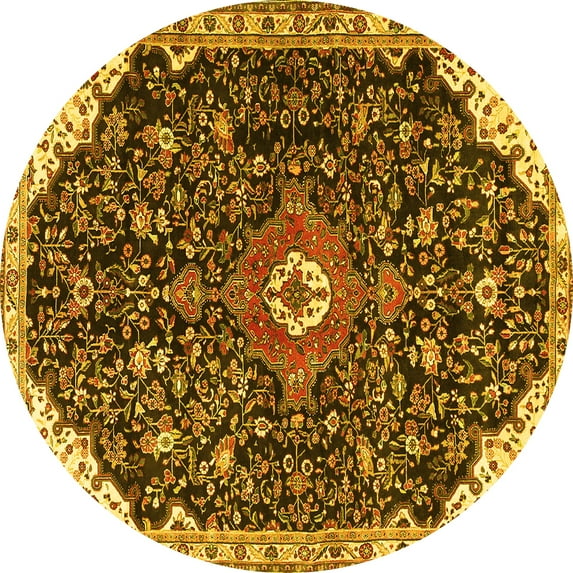 Ahgly Company Machine Washable Indoor Round Medallion Yellow Traditional Area Rugs, 8' Round