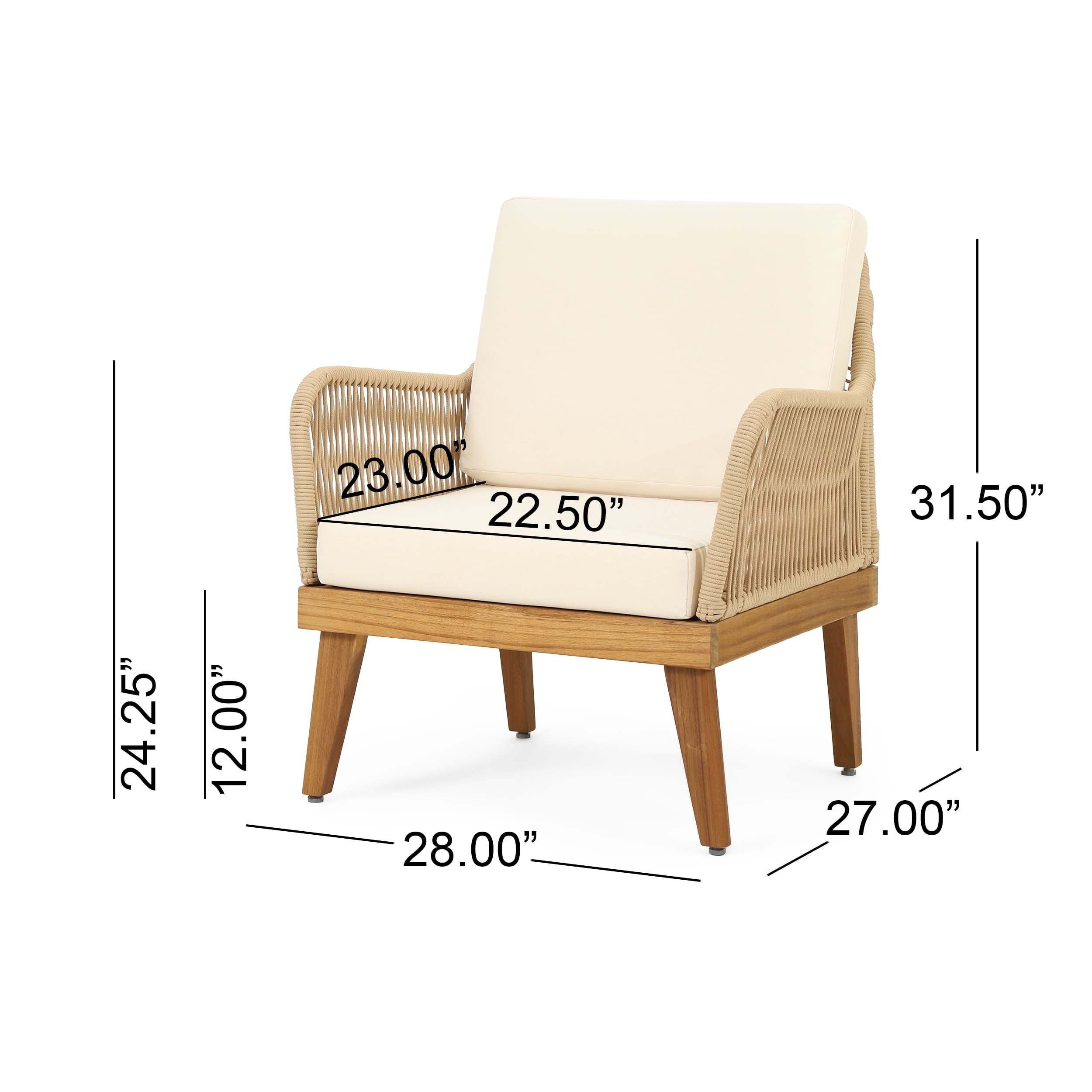 Outdoor Single Leisure Chair, Acacia Wood and Rope Weave Integrated Design for Patio Garden, Teak and Beige