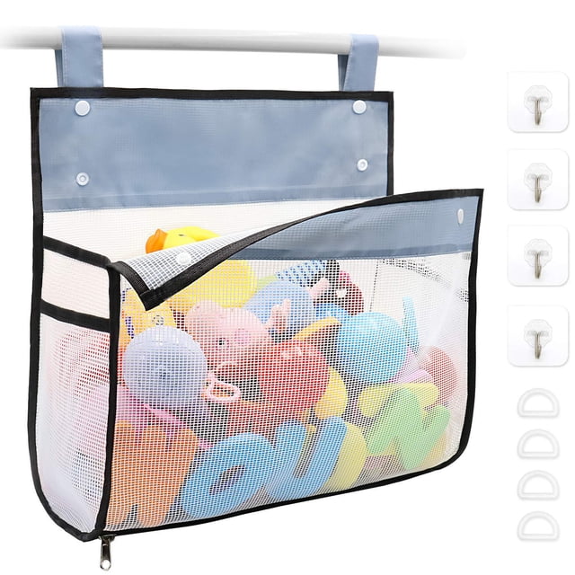 Organizador de juguetes de baño con múltiples formas de colgar, soporte para juguetes de baño con apertura extragrande, bolsa de almacenamiento de juguetes para bañera con cremallera en la parte inf
