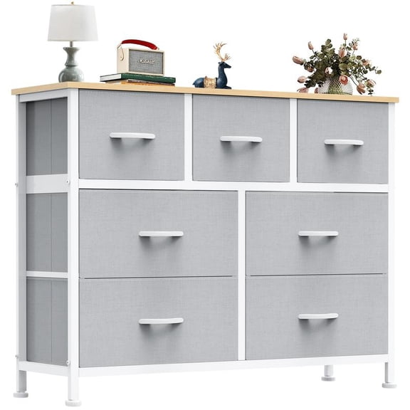 Organizer Storage, Chest Fabric Bins, Long Dresser with Wood Top for Bedroom, Closet, Entryway, 7-Drawers dressers