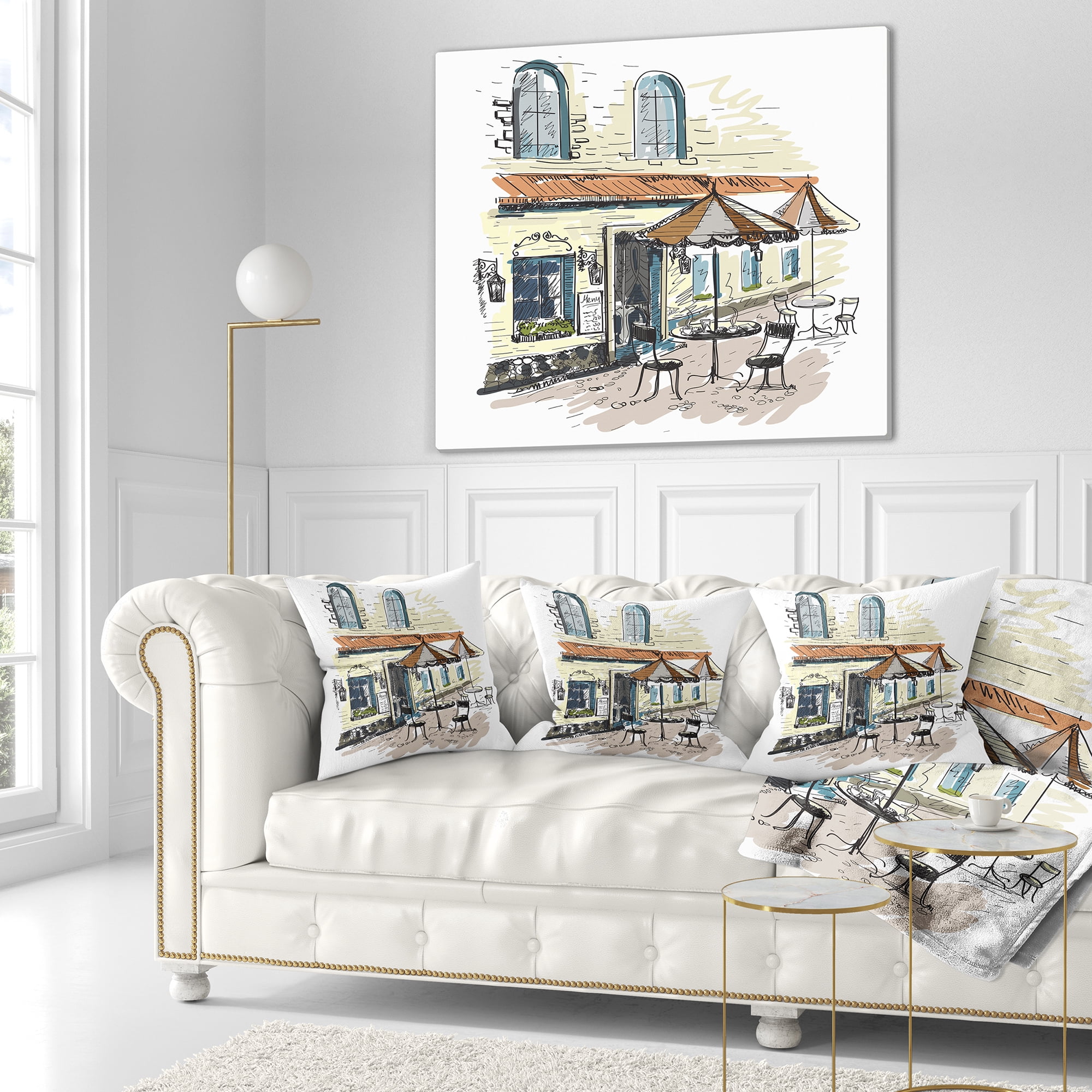 Designart Street Cafe - Watercolor Painting Throw Pillow - 18x18