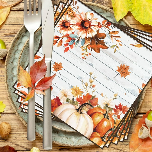 Paquete de 24 Servilletas de Acción de Gracias | Servilletas de Papel Otoñales de 16,5 X 16,5 Cm con Diseño de Calabaza y Hoja de Arce | Servilletas Desechables de Doble Capa Suaves para Cenas, Fiest
