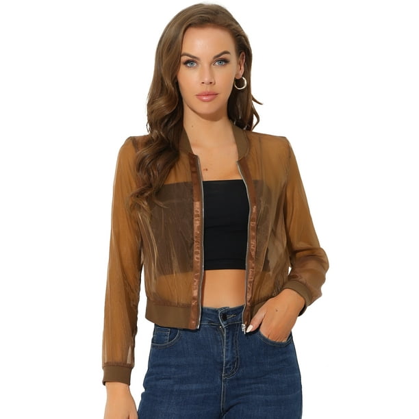 Chaqueta de Bombardero Allegra K Ligera y Transparente de Manga Larga con cremallera Marrón XS