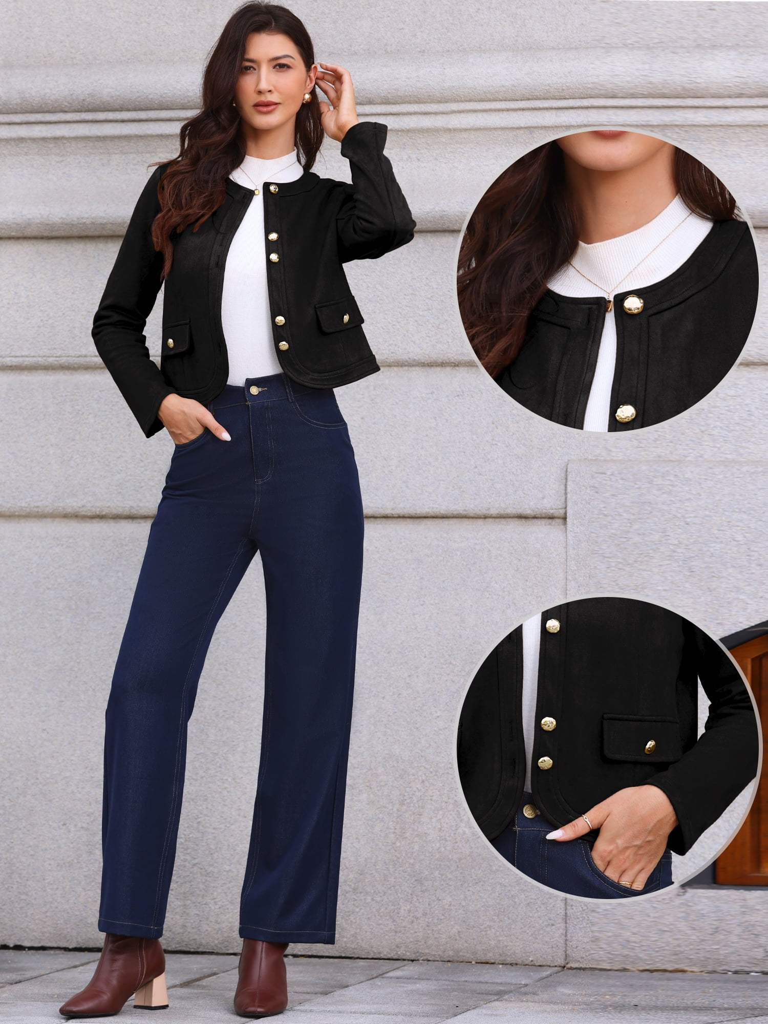 DARING DIVA Women's Collarless Long Sleeve Outerwear Faux Suede Jacket M Black