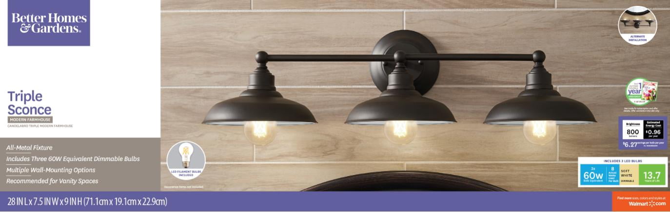 Better Homes &Gardens 28in Classic Farmhouse 3-Light Vanity Light, 60W Equiv, Triple Sconce Bronze