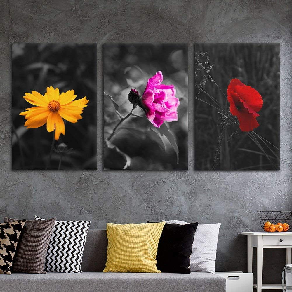 wall26 3 Panel Canvas Wall Art - Touch of Color Flowers on Black and White  Background - Giclee Print Gallery Wrap Modern Home Decor Ready to Hang - 
