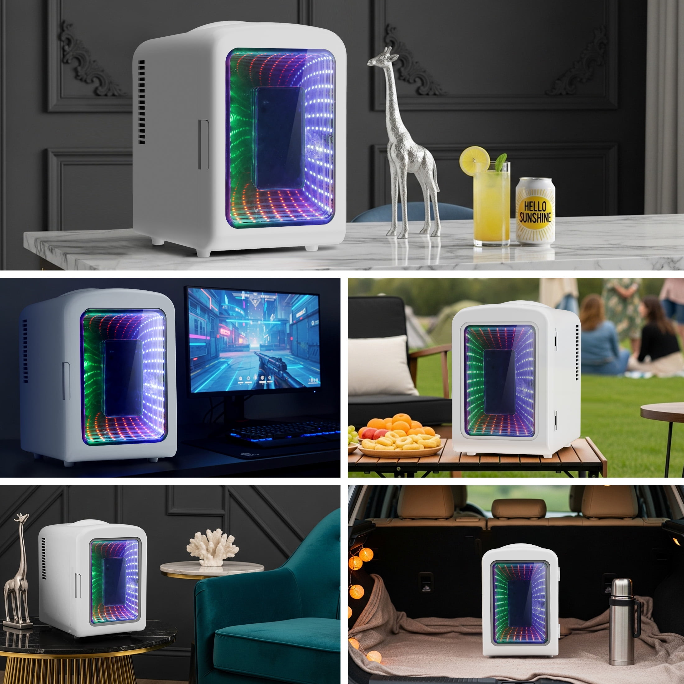 Auseo 4L Mini Fridge Personal with LED, Portable Cooler for Bedroom, Office, Car, Small Refrigerator for Skincare, Drinks & Gaming Room, AC/DC Powered, White