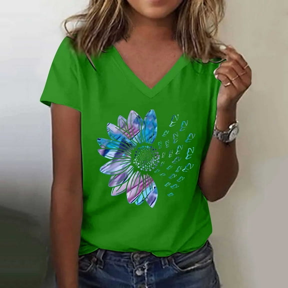 Women's Short Sleeve T-shirt Women'S Graphic Shirts Sunflower Pattern Print Crew Neck Short Sleeve Tees Loose Tshirts Cute Casual Teacher Outfits,Green Women's Short sleeve T-shirt L