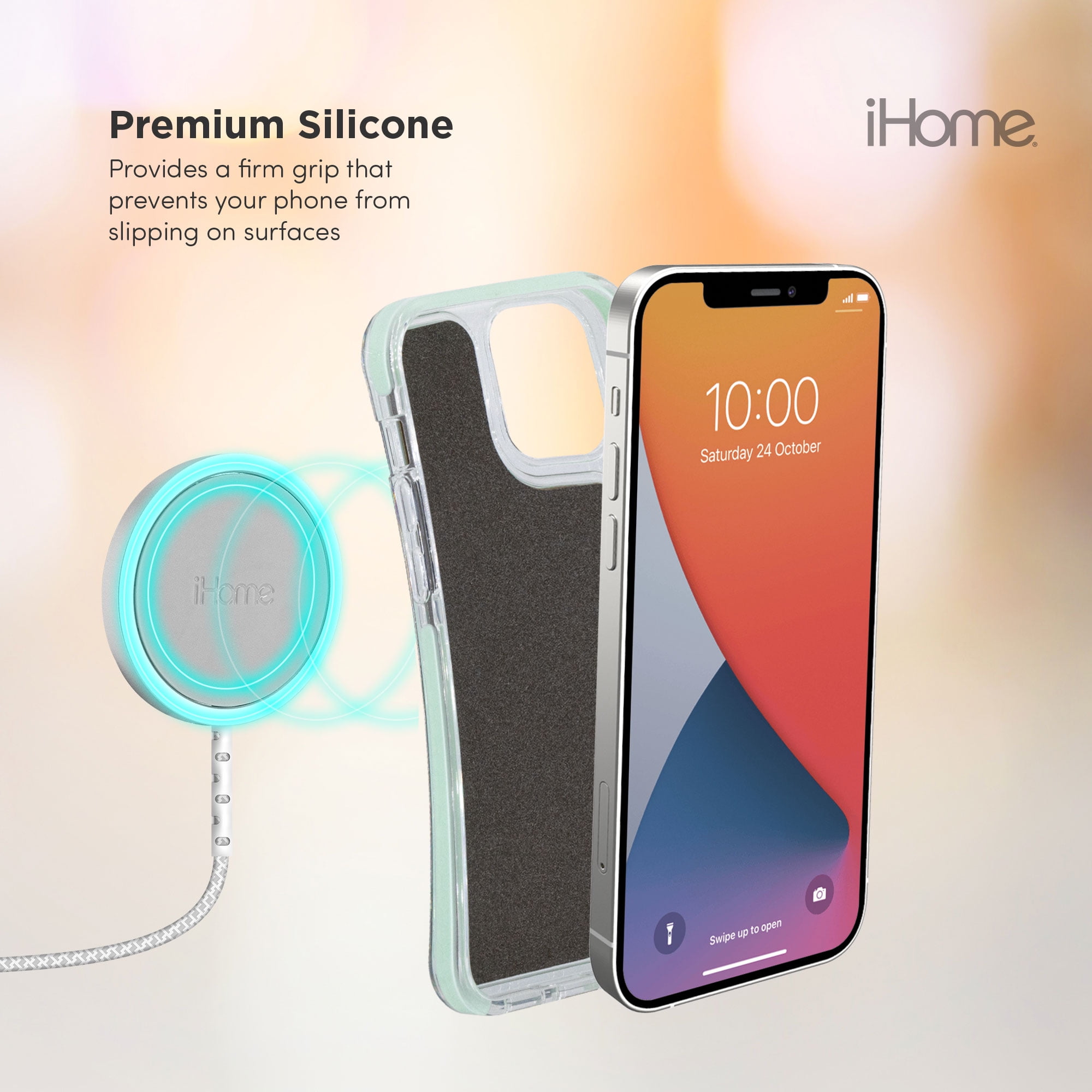 iHome Magnetic Silicone Velo Case, Slim & Shock Absorbent, MagSafe Compatible (iPhone 12/12 Pro, Mint)