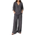 thumbnail image 3 of Josdec Women's Striped 2‑Piece Linen‑Look Outfit Set, V‑Neck 3/4 Sleeve Top and Wide‑Leg Pants, Casual Loungewear, S‑3XL, 3 of 7