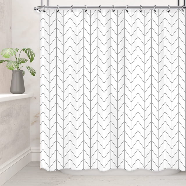 Cortina de ducha neutra geométrica de Chevron bohemio para baño, espiga blanca y gris, 72.0 x 72.0 in, a rayas, simple, moderna y elegante