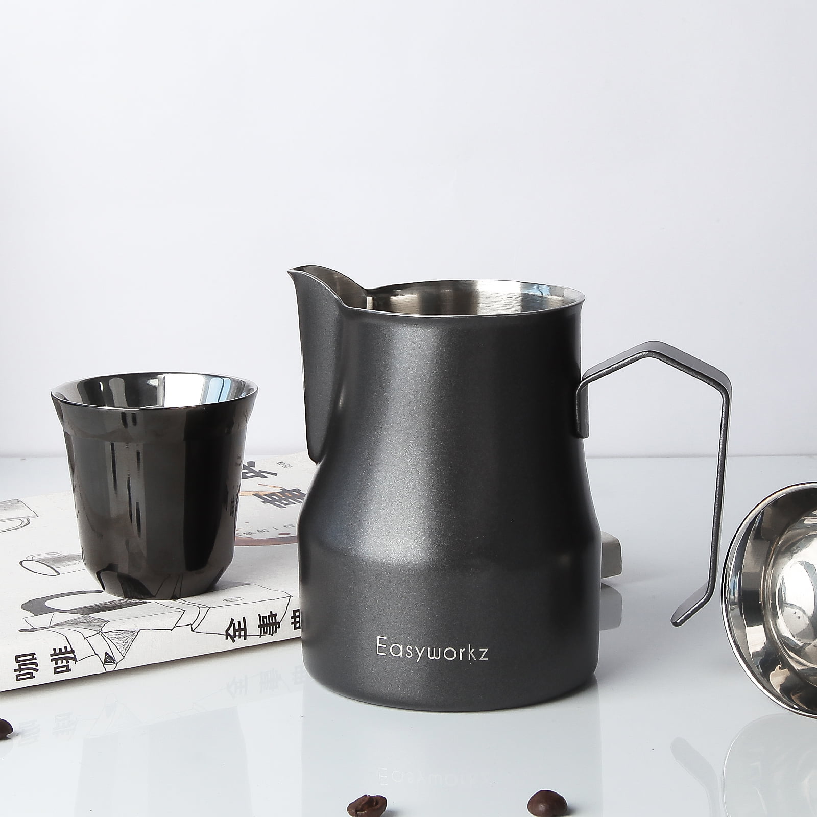 Easyworkz Espresso Steaming Pitcher Stainless Steel 12 oz Coffee Frothing Picther Milk Jug Cappuccino Latte Art Cup, Black