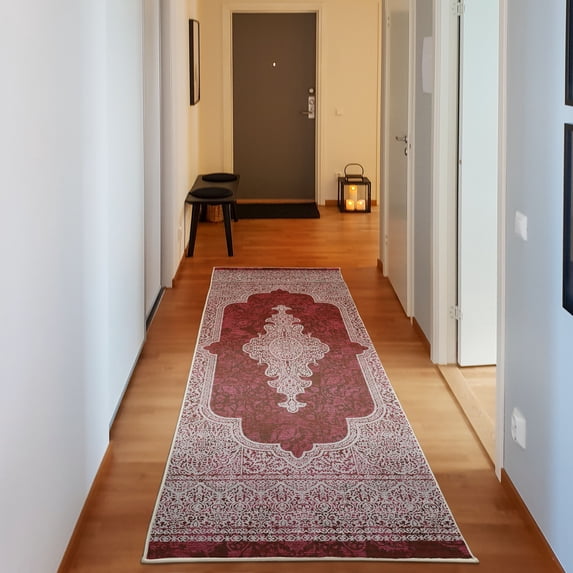 Ethnic Decorative Rug, Mandala Design Flowers Blossoming Leaves Geometric Style Frame Illustration, Quality Carpet for Bedroom Dorm and Living Room, 6 Sizes, Pale Ruby Pearl, by Ambesonne