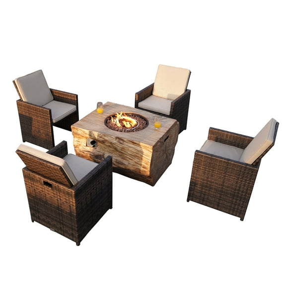 Outdoor Wicker Dining Set Wood Coating Fire Pit Table with Four Rattan Chairs