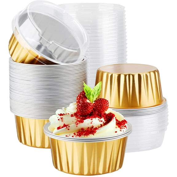 Disposable , Gold 50pcs 5oz Mini Aluminium Foil with Lids Creme Brulee Cupcake Liners, Desert Cheesecake Pans Flan Molds Tin Cups Containers for Party Favor Birthday