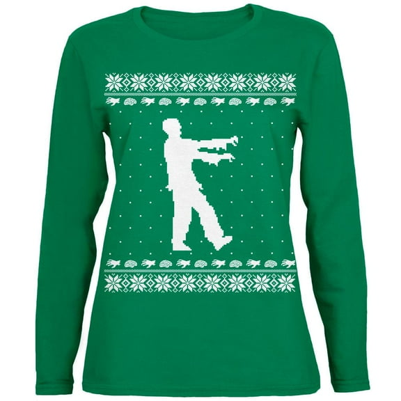 Big Zombie Ugly XMAS Sweater Green Womens Long Sleeve T-Shirt - Small