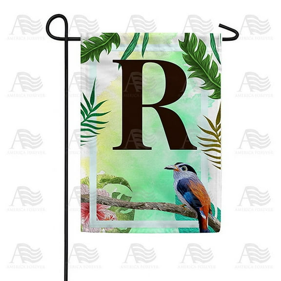 America Forever Tropical Summer Monogram Garden Flag Letter R 12.5 x 18 inches Palm Leaves Hibiscus Coastal Bird Double Sided Vertical Outdoor Yard Lawn Decorative Red Floral Garden Flag