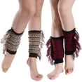 thumbnail image 5 of Women Bohemian Boot Cuffs Toppers Side Fringed Tassels Crochet Knit Short Leg Warmers Geometric Striped Print Calf Socks, 5 of 12