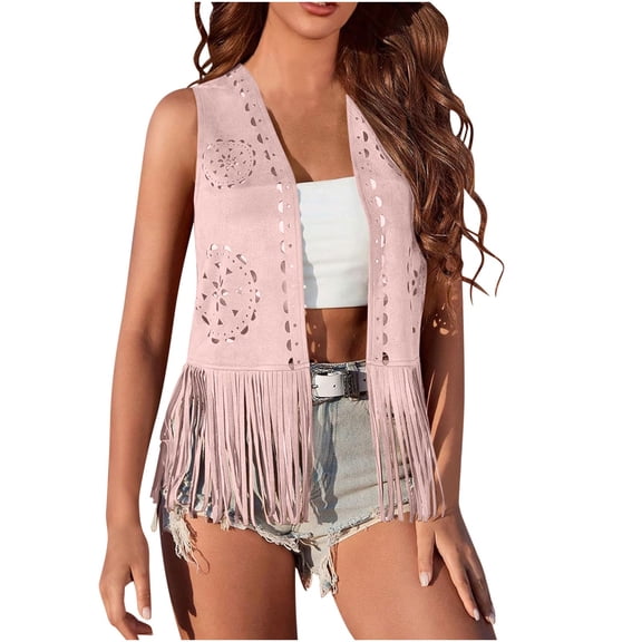 Uaswgudfs Women's 70s Hippie Fringe Vest, Suede-Like Sleeveless Casual Jacket, Western Laser-Cut Tassel Gilet for Festival, Boho & Street Outfits Pink L