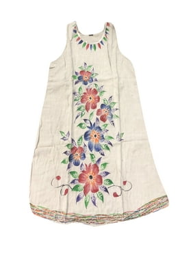 Mogul Women's Boho Chic Beige Tank Dress Rayon Floral Print Summer Fashion Cover Up Dresses M