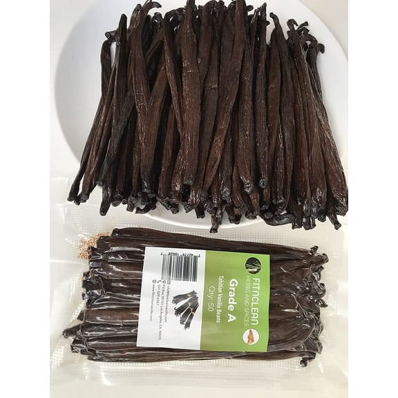 50 Tahitian Vanilla Beans Grade A for Baking, Extract and Paste, ~5" by FITNCLEAN VANILLA, Bulk Fresh NON-GMO Whole Gourmet Pods
