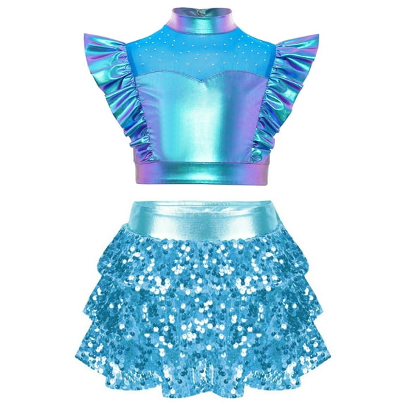 Doomiva Kids Girl's 2 Pcs Hip Hop Jazz Dance Outfits Sequin Metallic Crop Tops and Culottes Skirts Set Ballet Dancewear Blue 14