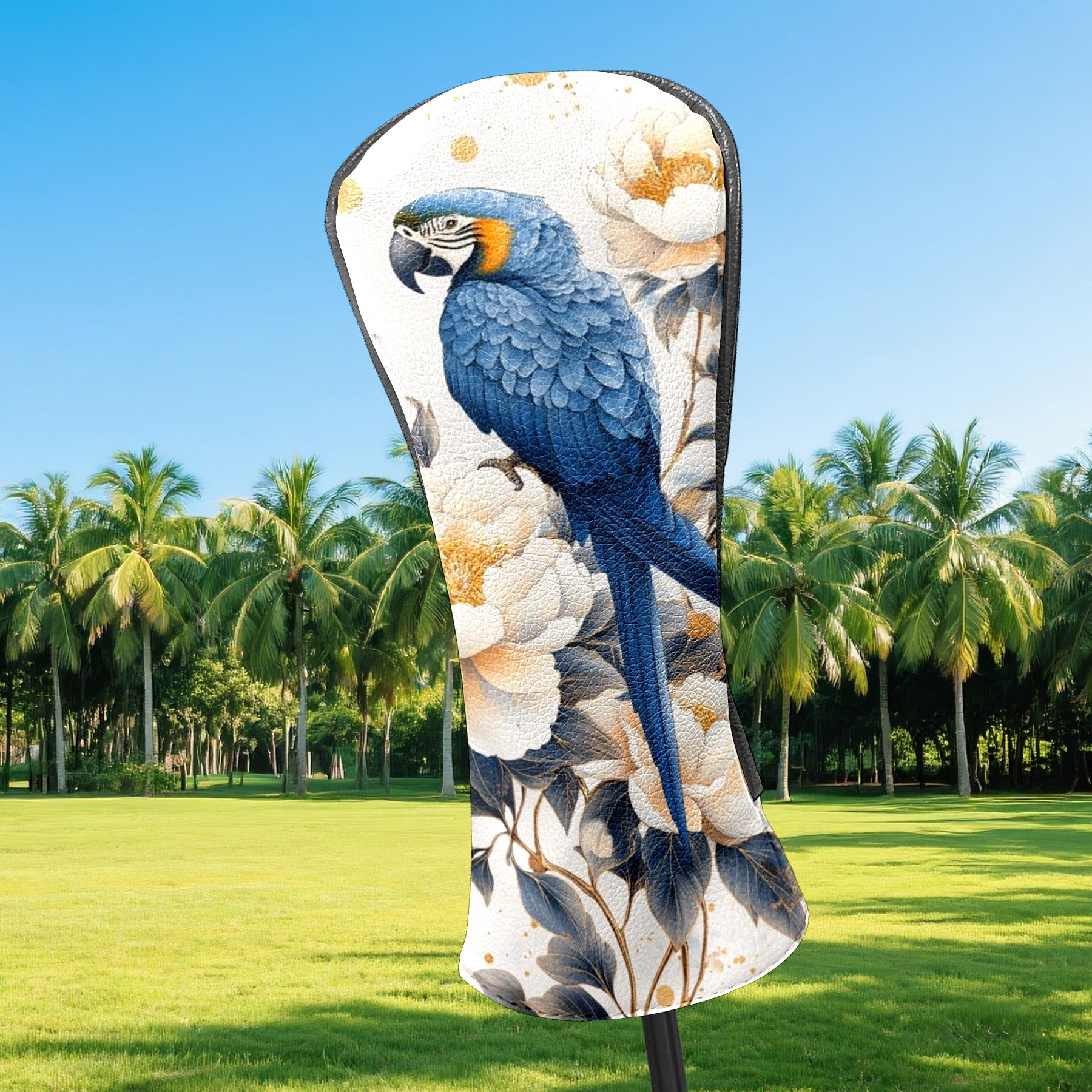 Golf Head Covers Blue Parrot Design for Driver, Wood & Hybrid, Premium Waterproof PU Leather with Plush Lining, Tropical Bird Golf Gifts