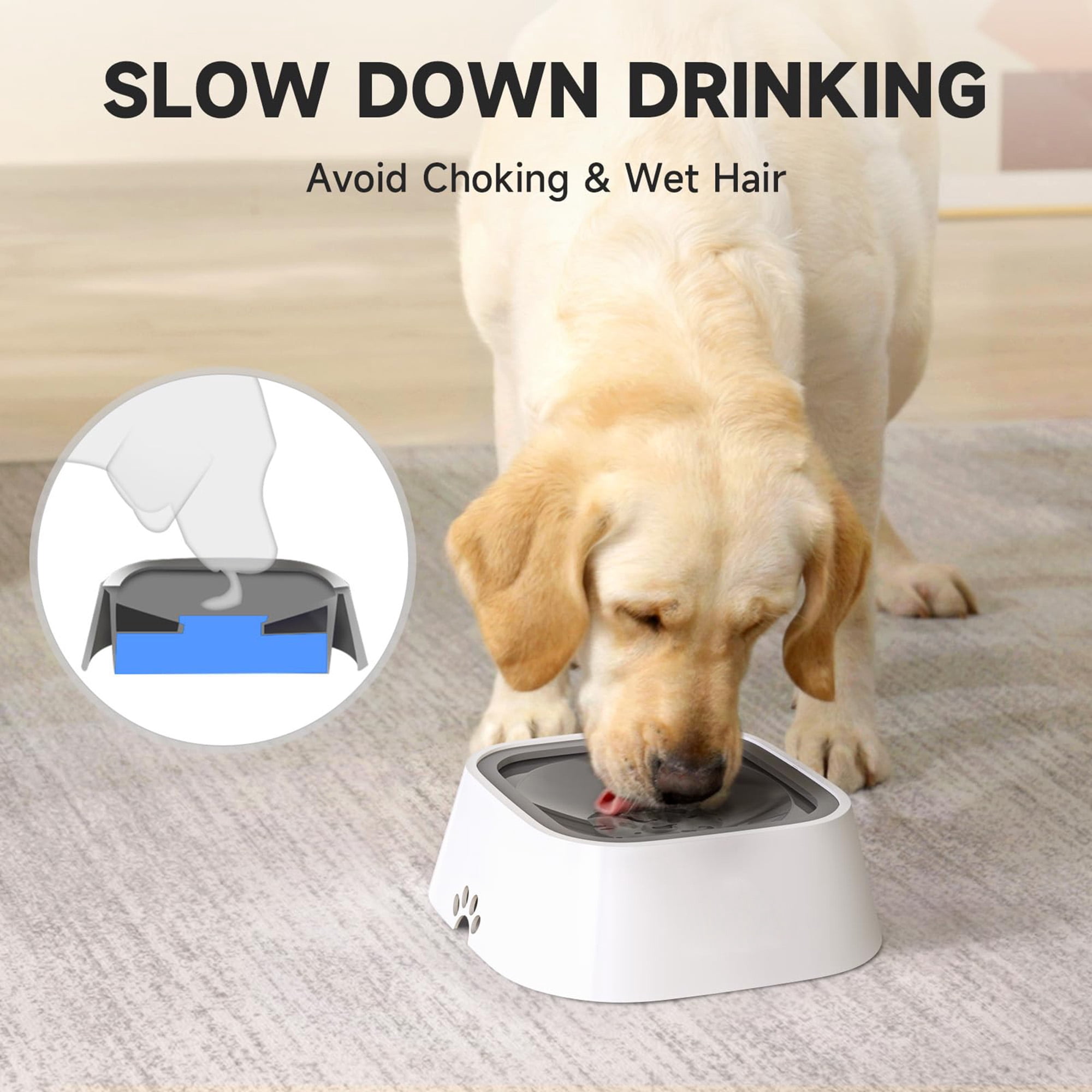 Slow Feeder Water Bowl for Dogs and Cats, 35oz/1L No Spill No Drip Pet Trael Bowl, Splash Proof Design for Car, Ce, Home Use, Keeps Floor and Beard Dry, Dishwasher Safe, Grey