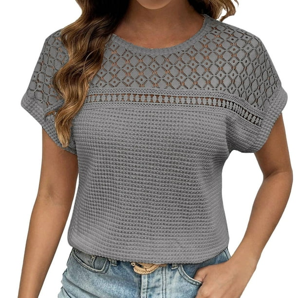 Camiseta de manga corta lisa con aberturas para mujer: transpirable, cuello redondo, poliéster y spandex, tallas S-XXL