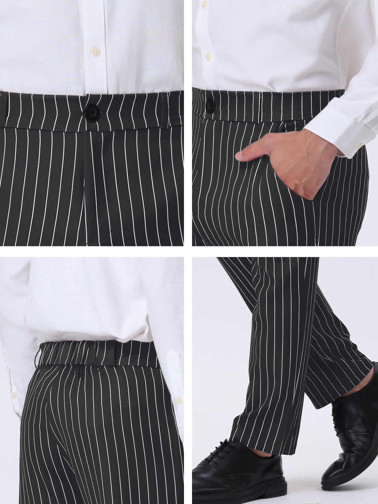 Unique Bargains Men's Striped Dress Pants Straight Fit Color Block Office Suit Trousers 28 Black