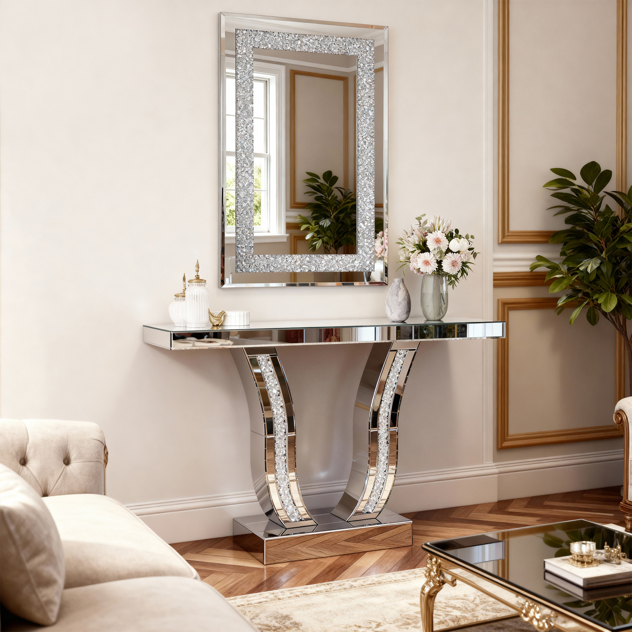 Noble House Crystal Crush Diamond Silver Wall Mirror,Modern Rectangular Mirror with Beveled Edge,Silver