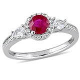 Ruby & White Sapphire with Diamond Accent 3-Stone Halo Ring in 14K Gold