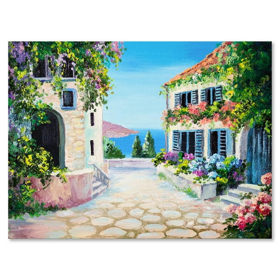 Designart ' Blossoming Flowers With White Houses With Near The Sea ' Nautical & Coastal Canvas Wall Art Print
