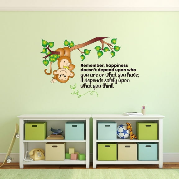 Happiness Monkey Animal Life Quote Cartoon Quotes Decors Wall Sticker Art Design Decal for Girls Boys Kids Room Bedroom Nursery Kindergarten Home Decor Stickers Wall Art Vinyl Decoration (20x40 inch)