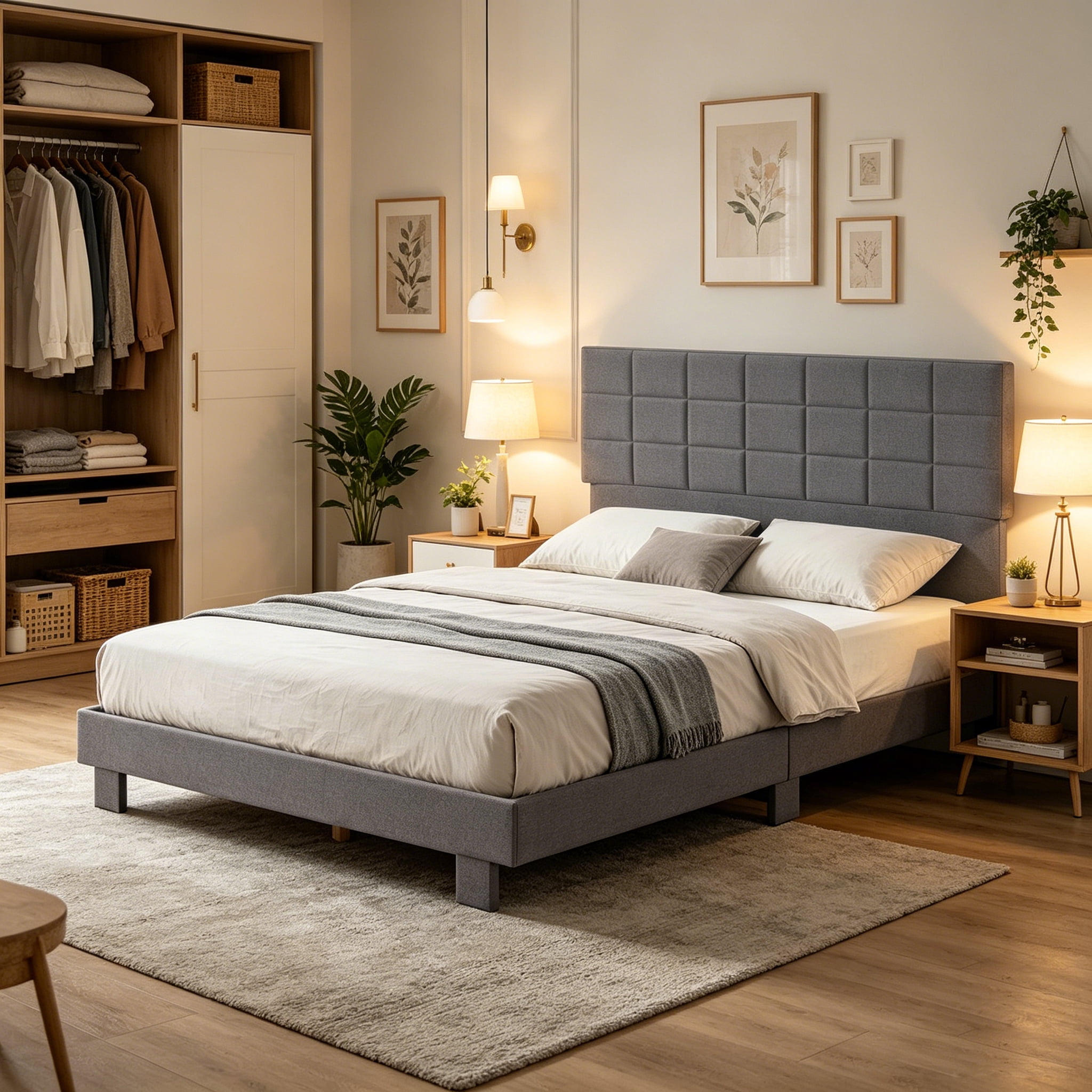 Gewnee Queen Size Platform Bed Frame, Adjustable Linen Upholstered Headboard, Wood Slats, Bedroom, Dark Grey