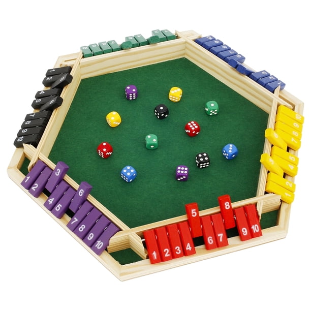 Wekvgz Shut The Box Juego para 1 a 6 jugadores Juego de mesa de madera con 12 dados Divertido juego de cerrar la caja Juego de dados Shut The Box hecho a mano para niños Adultos Familias Fiesta en