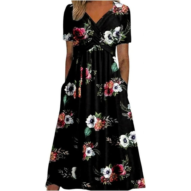 Robes de Printemps pour Femmes Décontractées Manches 3/4 Longue Robe Évasée Basique Plage Vacances Travail Maxi Robe 2025