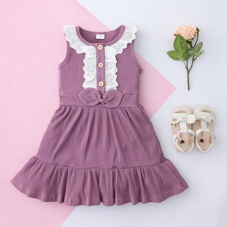

UHUYA Toddler Dress Kids Baby Girls Lace Ribbed Sleeveless Bowtie Princess One-piece Dress Purple 3-4 Years