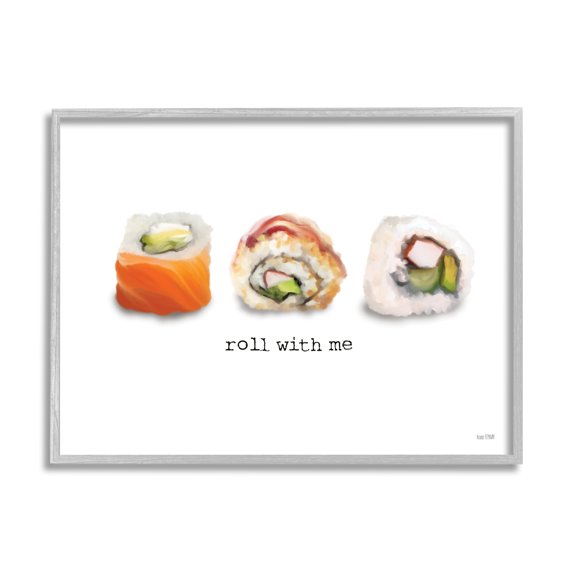 Stupell Industries Roll With Me Funny Phrase Maki Sushi Pun Paintings Gray Framed Art Print Wall Art, 20x16, by House Fenway