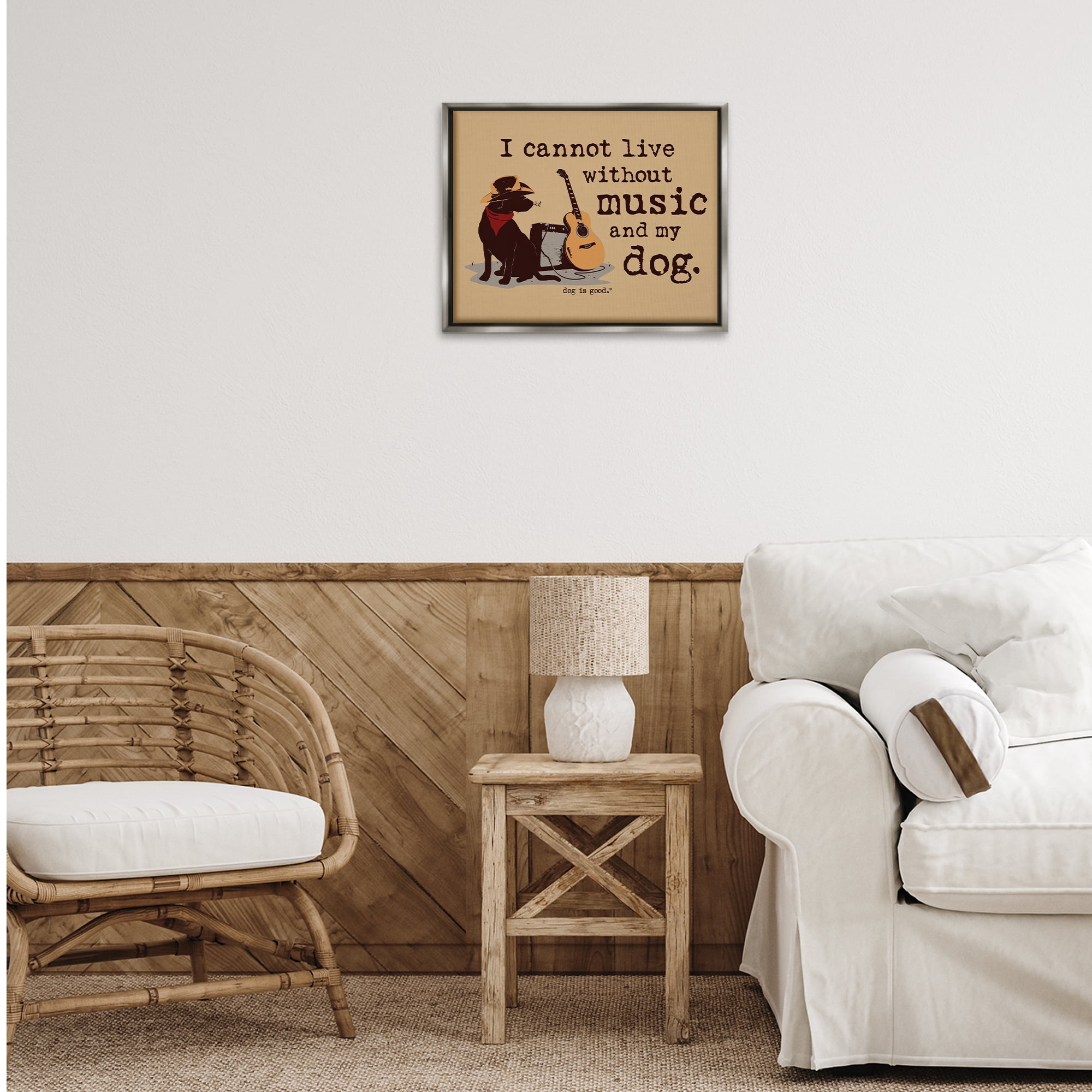 Stupell Industries Music & My Dog Animals Painting Gray Floater Framed Canvas Art Print Wall Art, 21 x 17