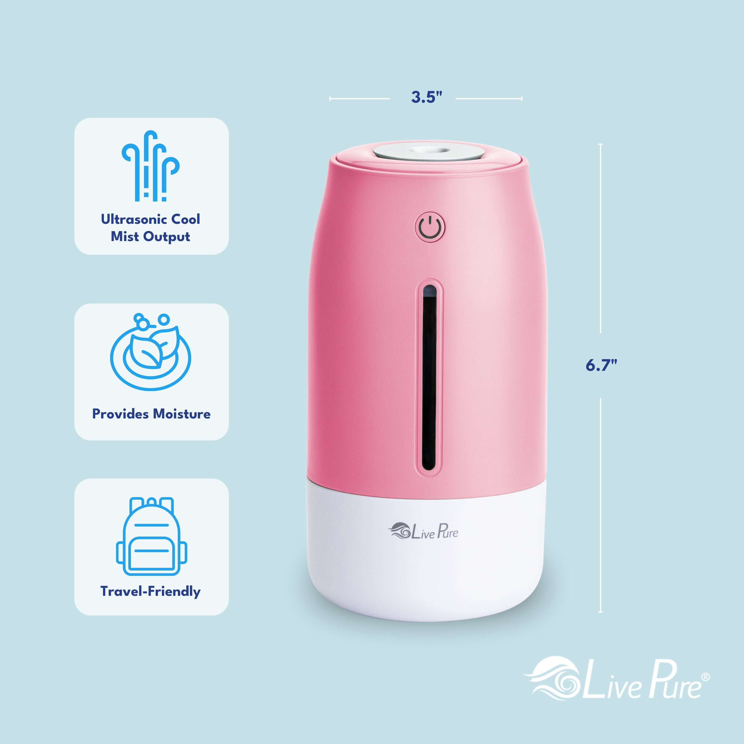 LivePure LP250 Aqua Glo Portable Cool Mist Humidifier. Rose Quartz