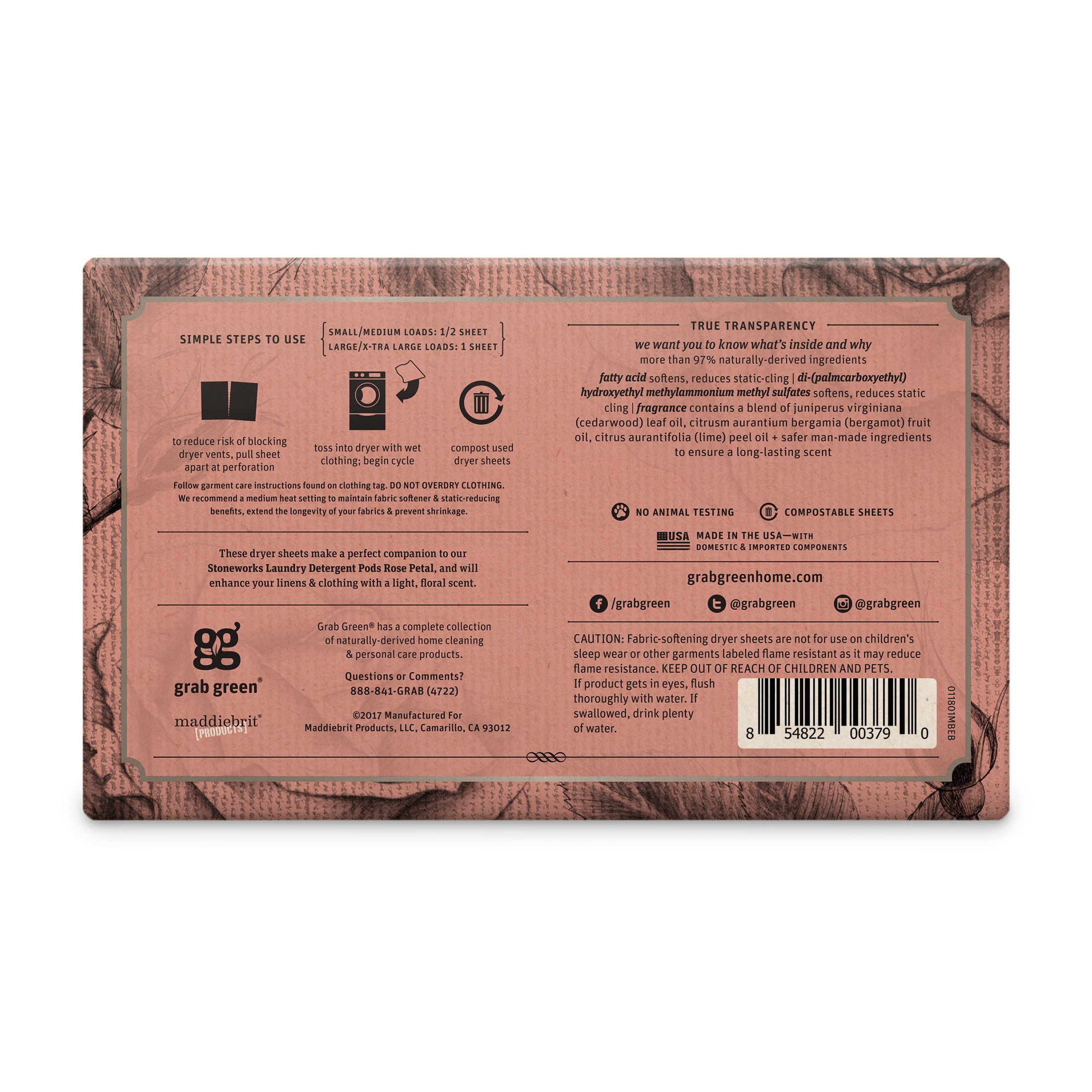 Grab Green Natural, Stoneworks Dryer Sheets, Rose Petal, 160 Sheets (2 pack)