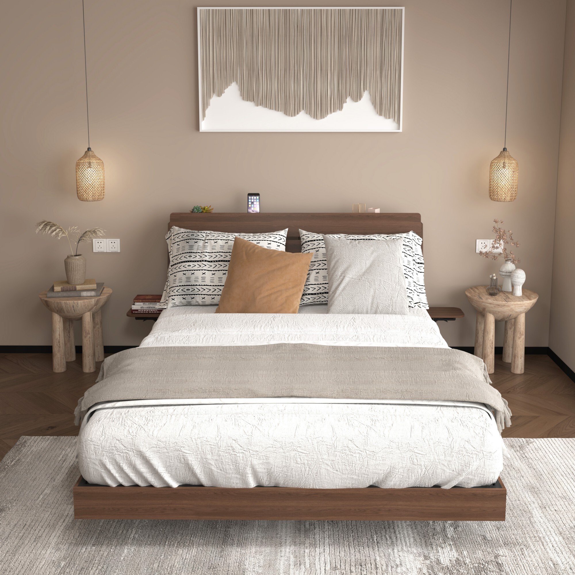 AENKYO Floating Design Queen Bed Frame with LED Lights, Foldable Tabletops, Storage Headboard with USB Charging, Walnut