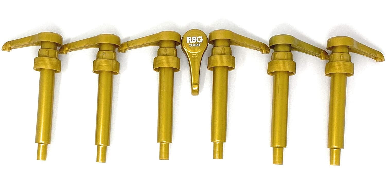 RSG TODAY Gold Syrup Pump fits 750ml Upouria, Torani, DaVinci, Jordans Skinny Syrups, and Monin 1 Liter Plastic Bottle 6 Pack (COMES WITH STRAW)
