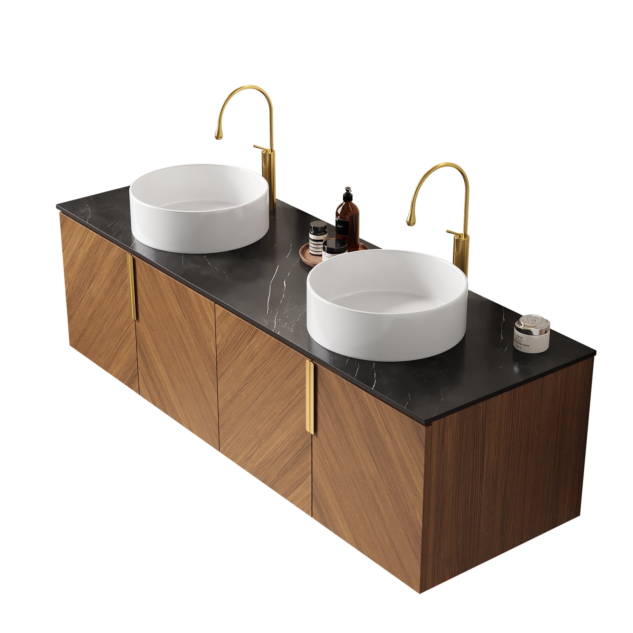 Noble House Arai 60" Bathroom Vanity with Sintered Stone Countertop, Wooden Storage Cabinet, Gold Handles, Brown Oak