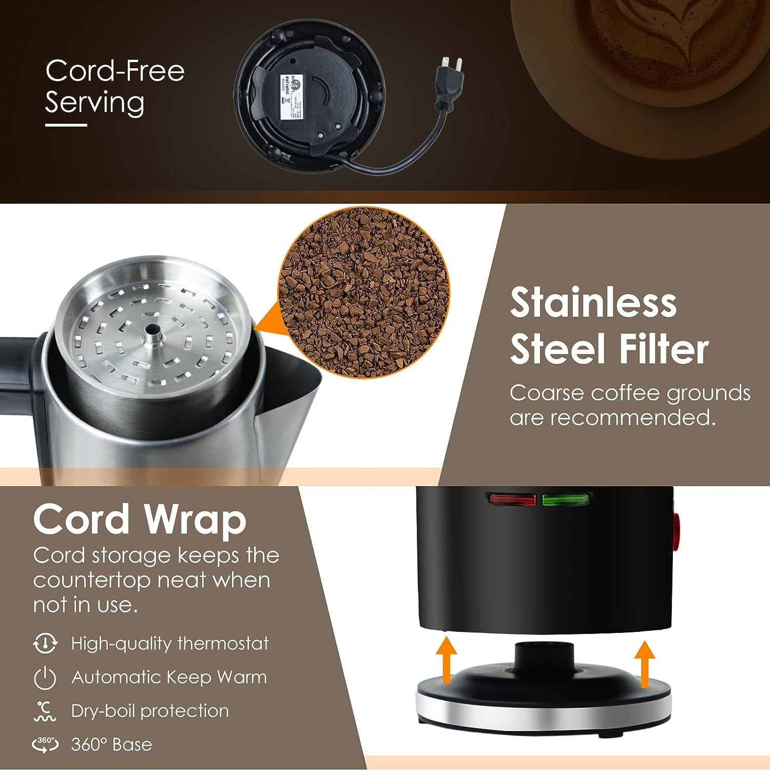 Electric Coffee Percolator 12 CUPS Percolator Coffee Pot,800W Percolator Coffee Maker Stainless Steel with Clear Knob Cool-touch Handle,Coffee Pot Percolator Auto Keep Warm Function
